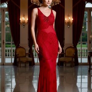Elegant Red hand beaded Evening Gown
